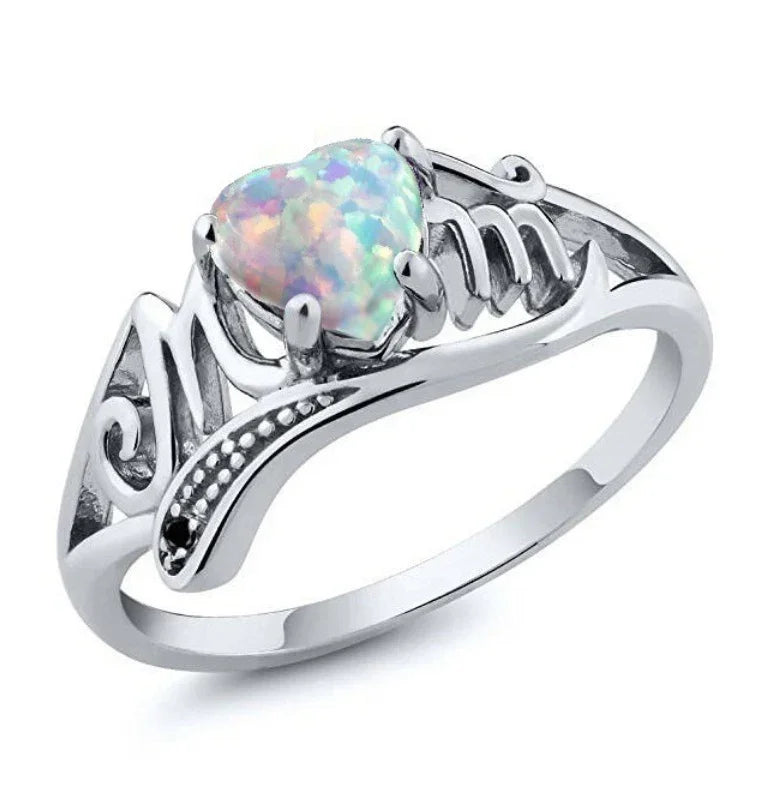 “Mom” Heart-Opal Ring | Silver-Tone Alloy