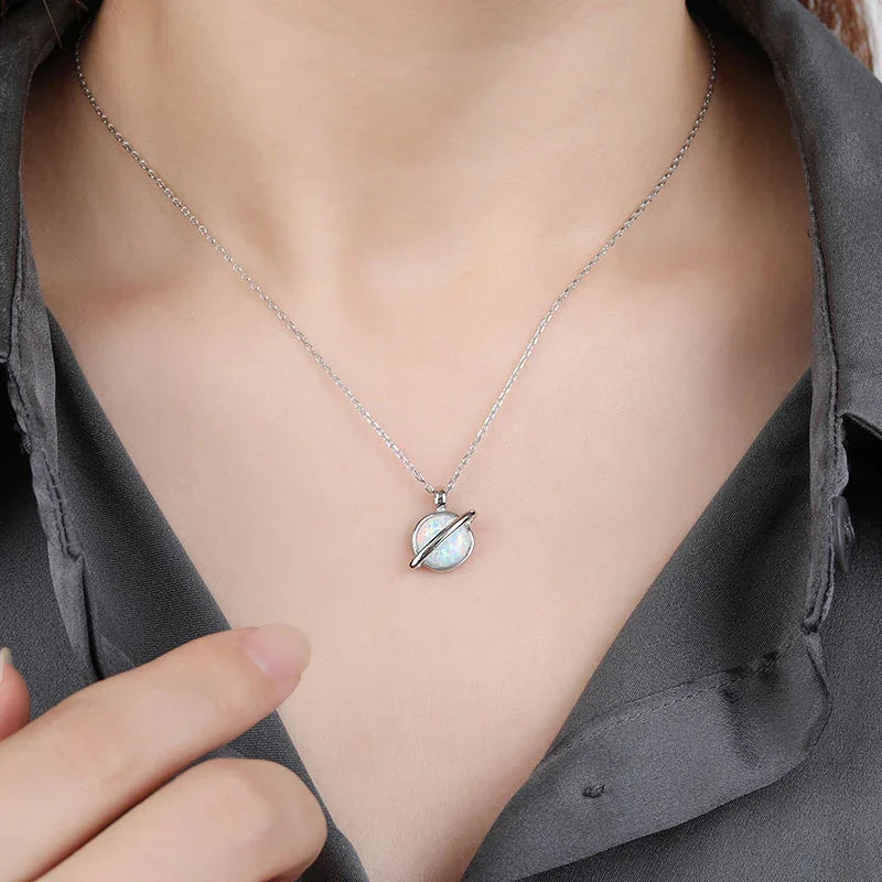 925 Opal Saturn Planet Pendant Necklace Sterling Silver - Y.S Alley