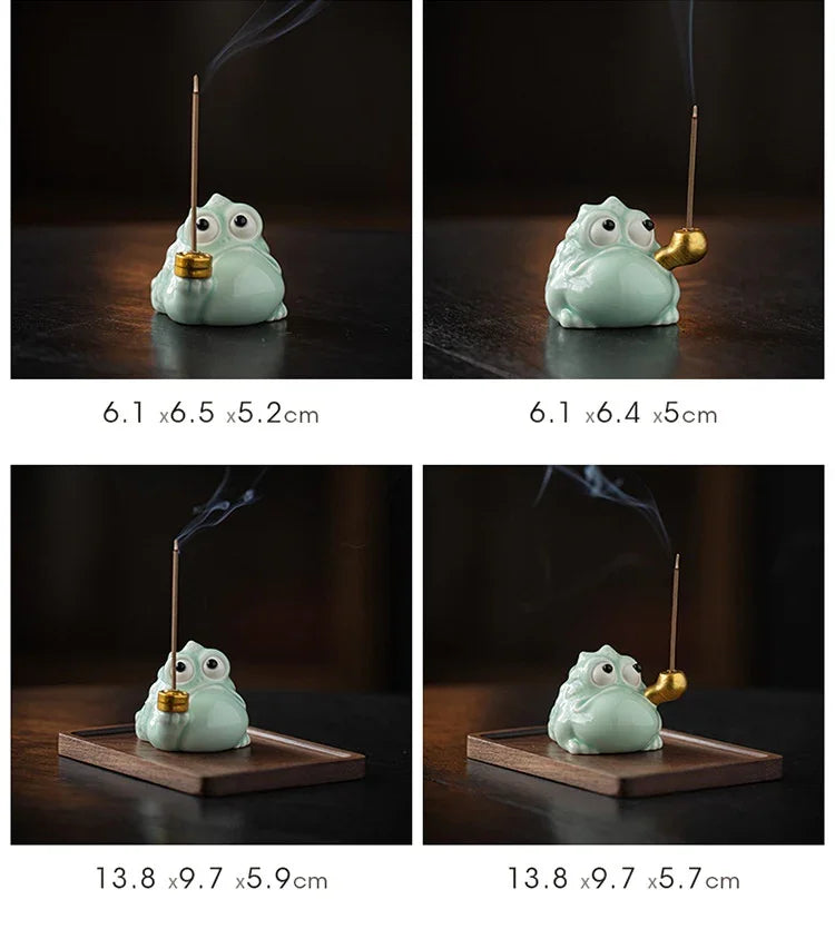 Fortune Golden Toad Ceramic Incense Holder | Coin or Pipe | With Wood Base
