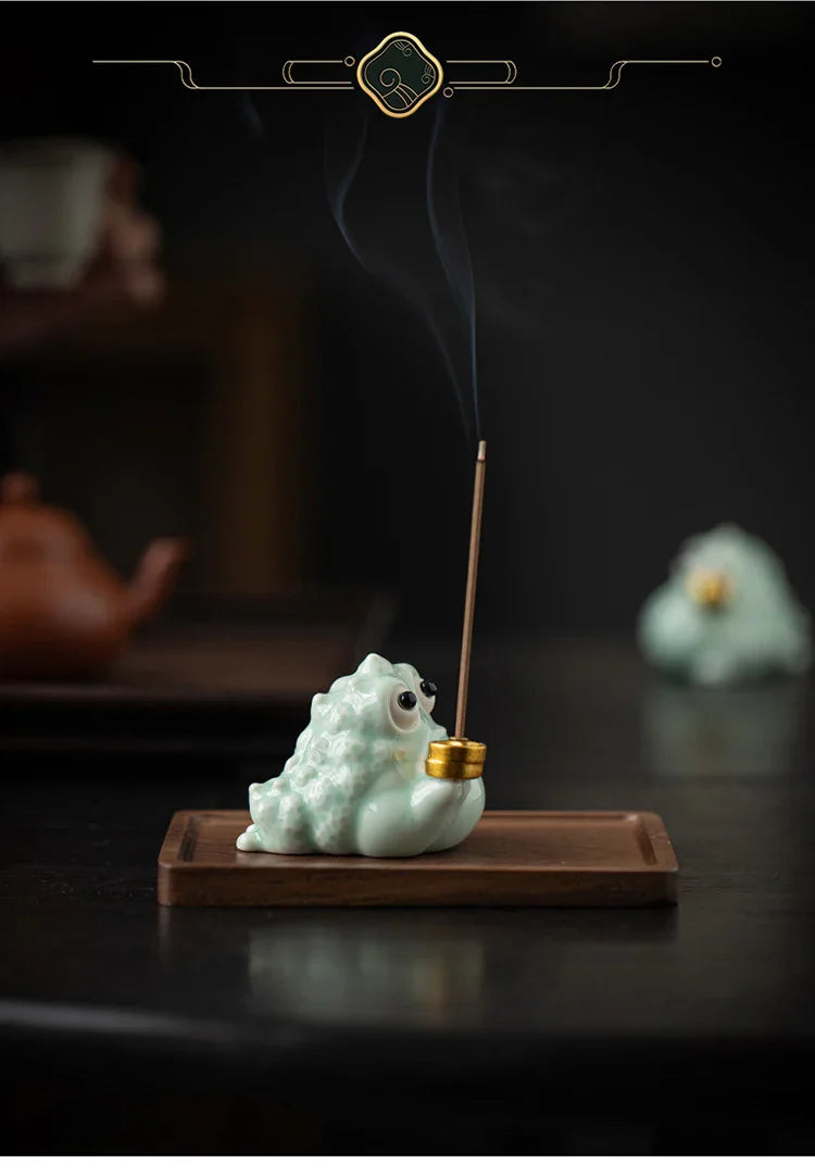 Fortune Golden Toad Ceramic Incense Holder | Coin or Pipe | With Wood Base