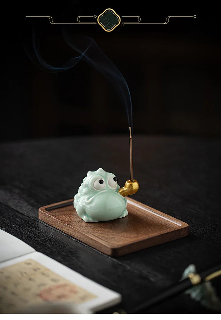 Fortune Golden Toad Ceramic Incense Holder | Coin or Pipe | With Wood Base