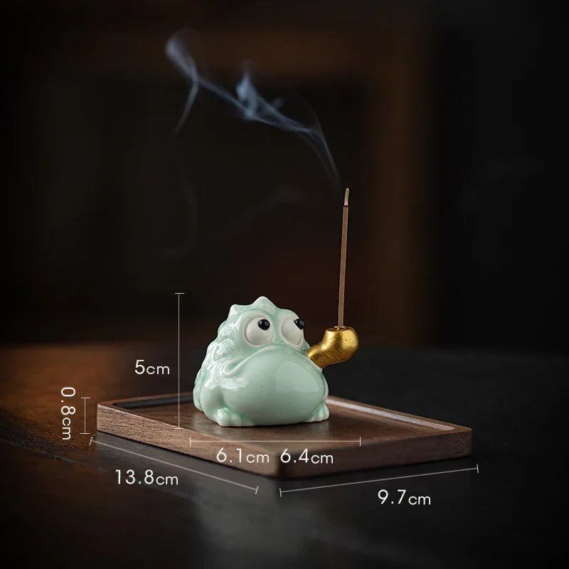 Fortune Golden Toad Ceramic Incense Holder — Coin / Pipe • With Wood Base - Y.S Alley