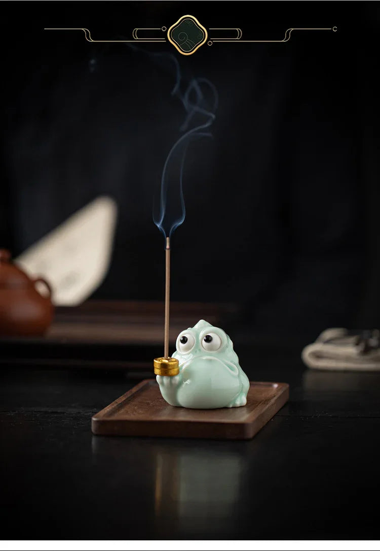 Fortune Golden Toad Ceramic Incense Holder | Coin or Pipe | With Wood Base