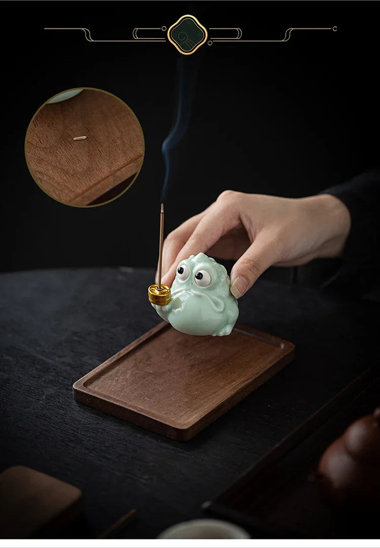 Fortune Golden Toad Ceramic Incense Holder | Coin or Pipe | With Wood Base