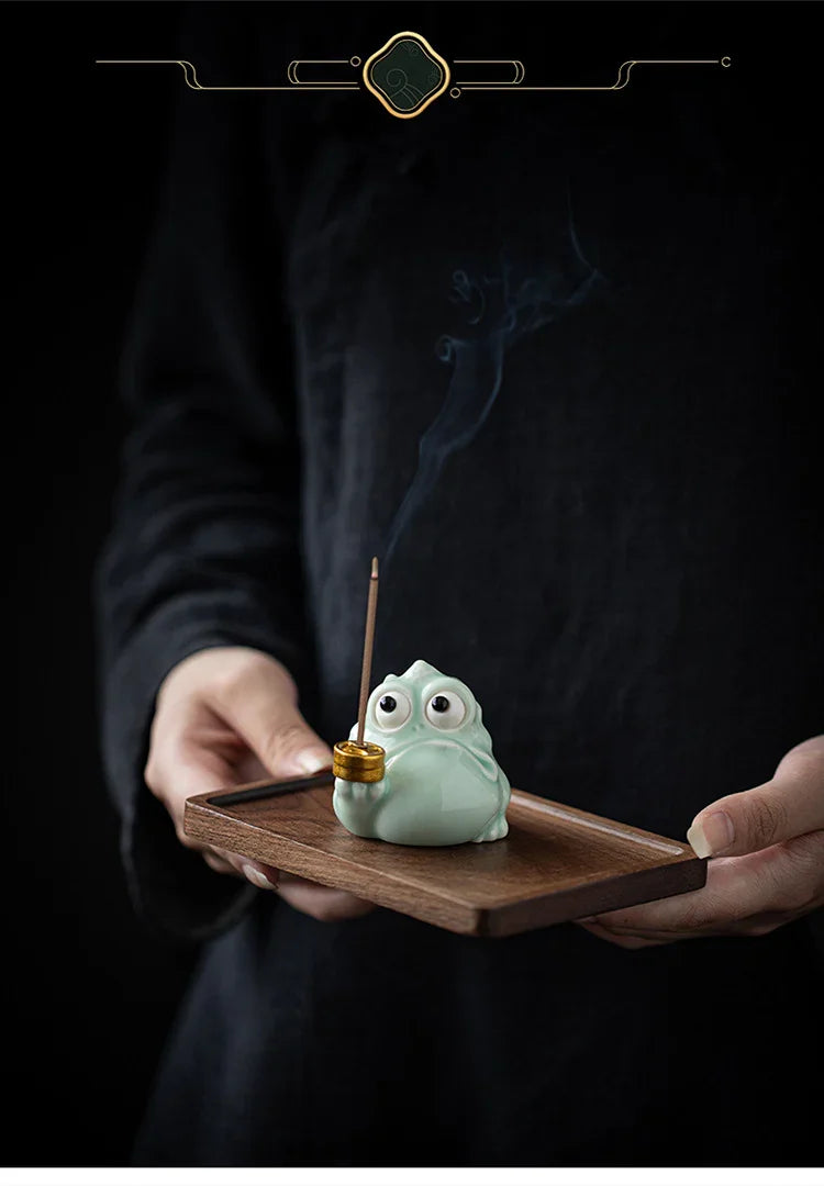Fortune Golden Toad Ceramic Incense Holder | Coin or Pipe | With Wood Base