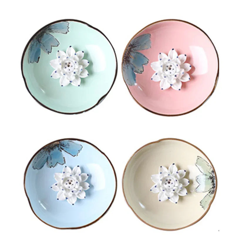 Lotus Leaf Ceramic Incense Burner — Hand-Painted Porcelain Plate (Red, Green, Blue, Yellow) - Y.S Alley