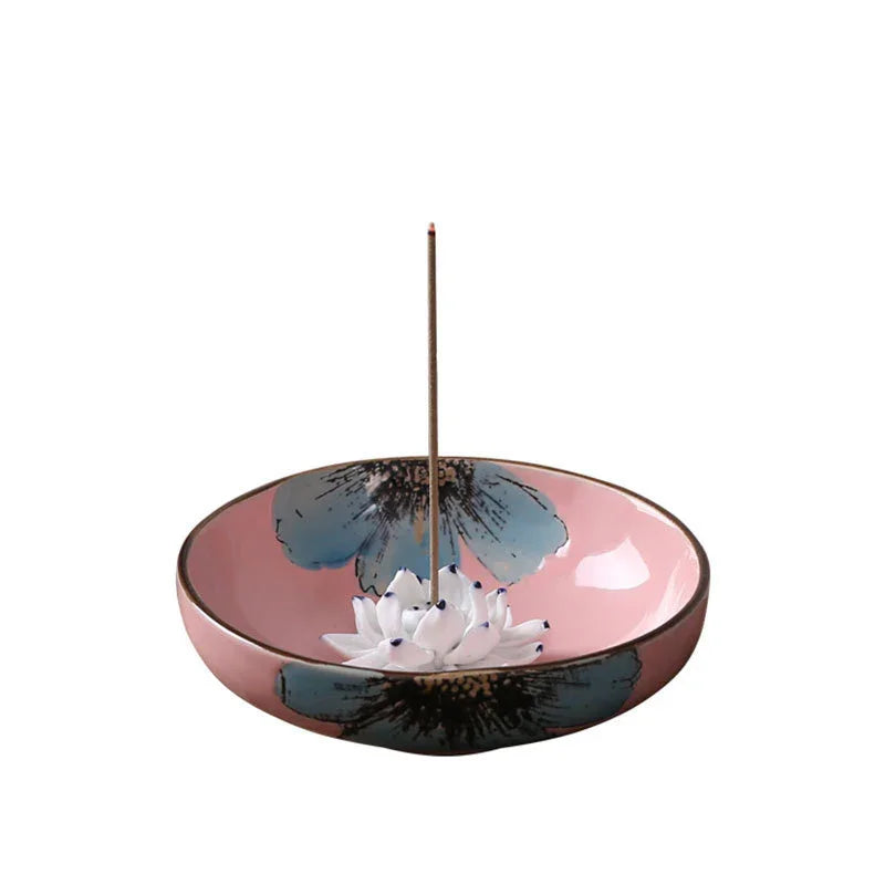 Lotus Leaf Ceramic Incense Burner — Hand-Painted Porcelain Plate (Red, Green, Blue, Yellow) - Y.S Alley