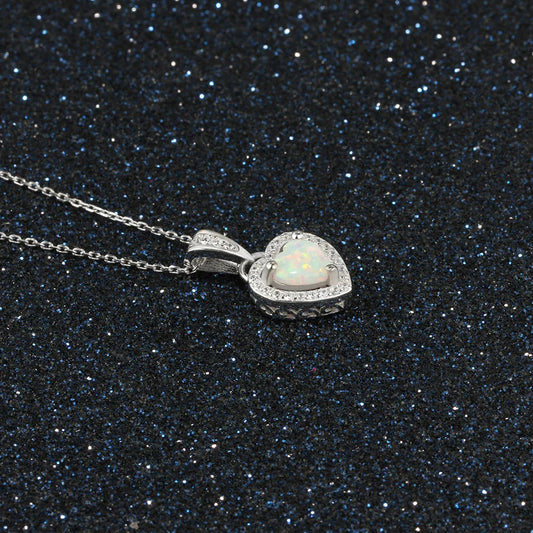 💖 925 Silver Opal Heart Necklace with Sparkling Halo – Love & Light