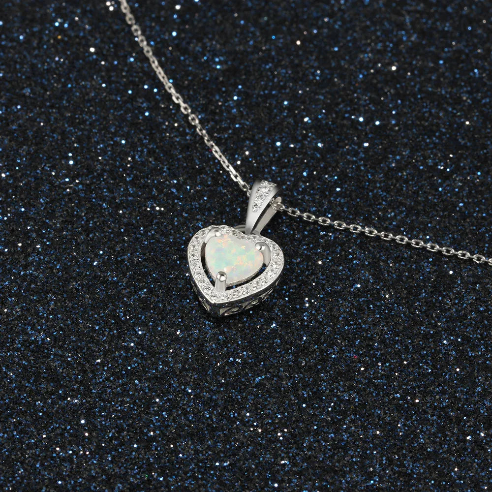 💖 925 Silver Opal Heart Necklace with Sparkling Halo – Love & Light