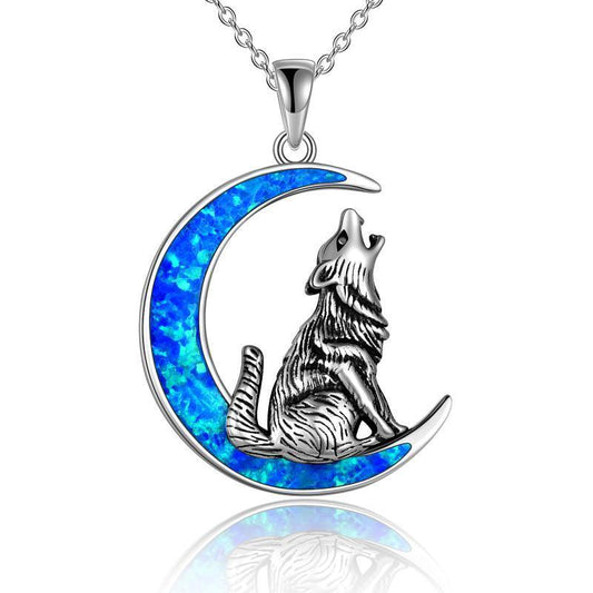 925 Blue Opal Wolf & Crescent Moon Necklace - Sterling Silver - Y.S Alley