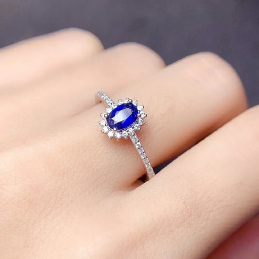 Blue Sapphire Halo Ring S925 Sterling Silver 4×6 mm - Y.S Alley