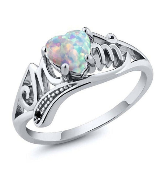 “Mom” Heart-Opal Ring | Silver-Tone Alloy