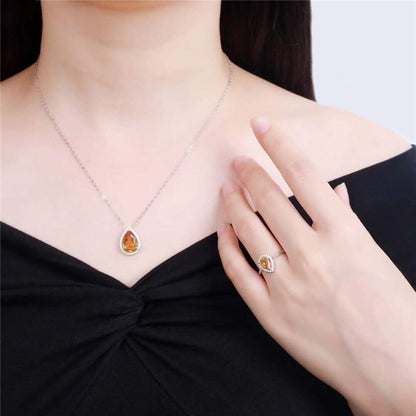 ☀️ S925 Natural Citrine Jewelry Set – Pendant Necklace & Ring