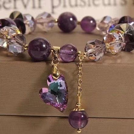 Amethyst Crystal Heart Charm Bracelet - Adjustable Purple Beads - Y.S Alley