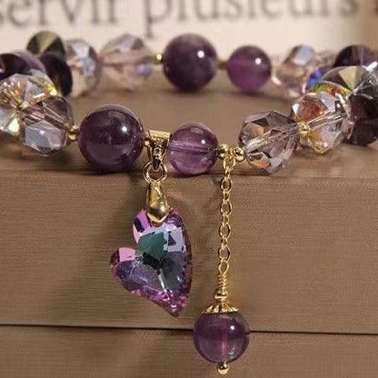 Amethyst Crystal Heart Charm Bracelet - Adjustable Purple Beads - Y.S Alley