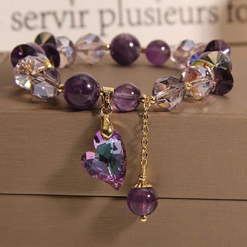 Amethyst Crystal Heart Charm Bracelet - Adjustable Purple Beads - Y.S Alley