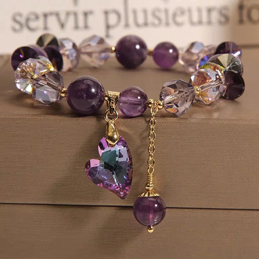 Amethyst Crystal Heart Charm Bracelet - Adjustable Purple Beads - Y.S Alley