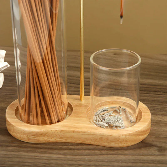Infinity Wood-Glass Incense Station — Vertical Brass Holder with Storage Tube (15 cm) - Y.S Alley