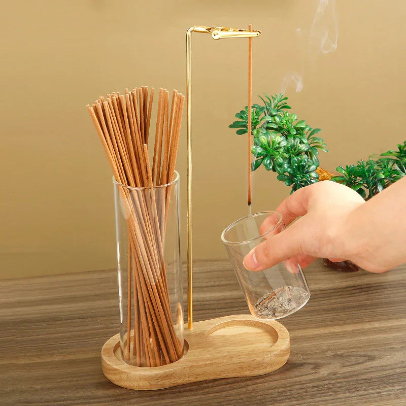 Infinity Wood-Glass Incense Station — Vertical Brass Holder with Storage Tube (15 cm) - Y.S Alley