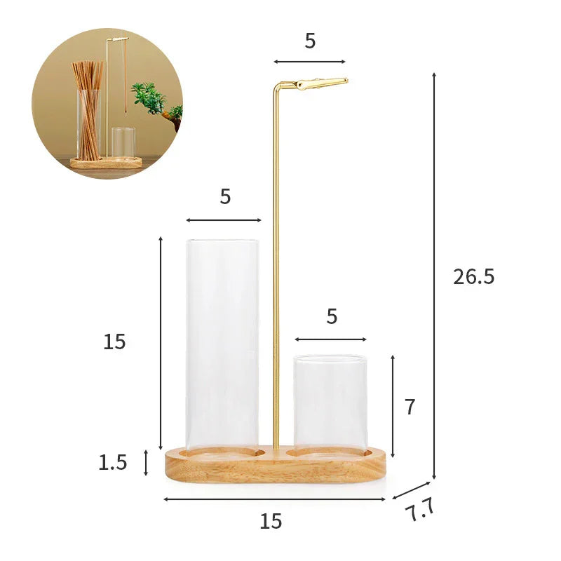 Infinity Wood-Glass Incense Station — Vertical Brass Holder with Storage Tube (15 cm) - Y.S Alley