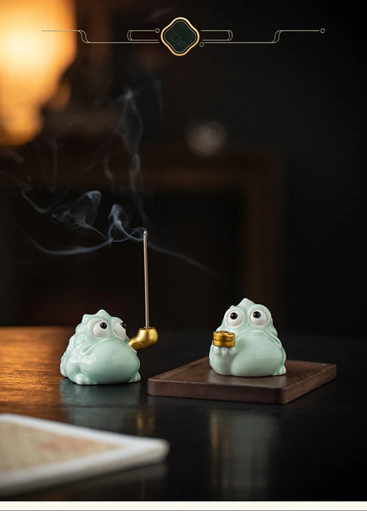 Fortune Golden Toad Ceramic Incense Holder | Coin or Pipe | With Wood Base