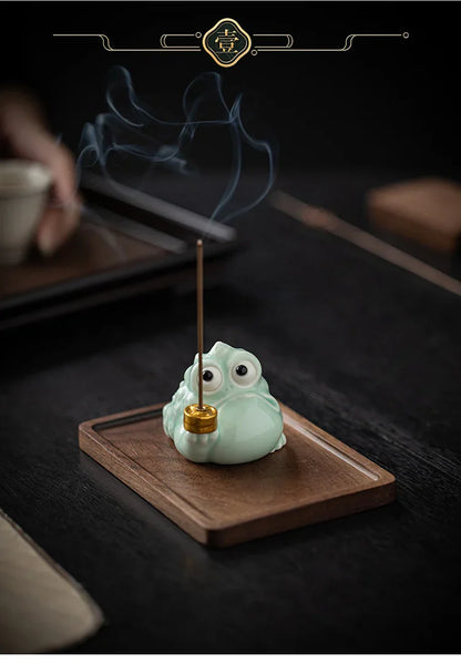 Fortune Golden Toad Ceramic Incense Holder | Coin or Pipe | With Wood Base