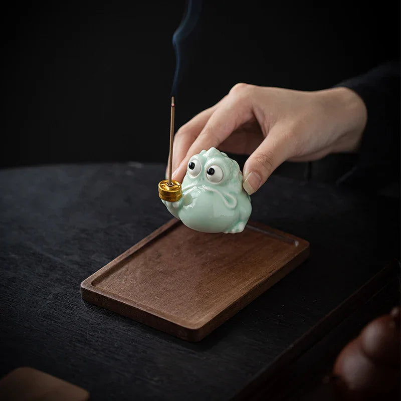 Fortune Golden Toad Ceramic Incense Holder — Coin / Pipe • With Wood Base - Y.S Alley