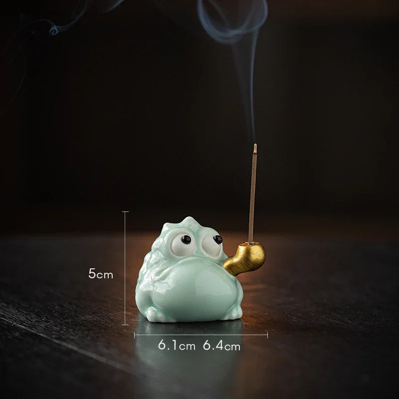 Fortune Golden Toad Ceramic Incense Holder — Coin / Pipe • With Wood Base - Y.S Alley