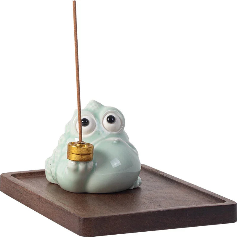 Fortune Golden Toad Ceramic Incense Holder — Coin / Pipe • With Wood Base - Y.S Alley