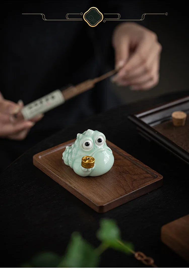 Fortune Golden Toad Ceramic Incense Holder | Coin or Pipe | With Wood Base