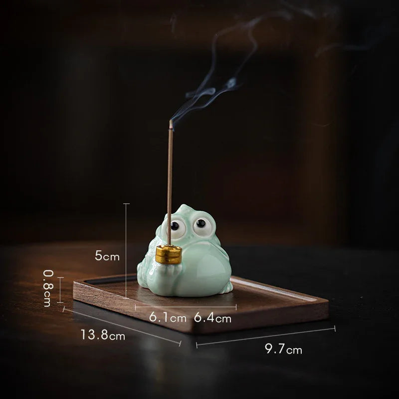 Fortune Golden Toad Ceramic Incense Holder — Coin / Pipe • With Wood Base - Y.S Alley