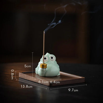 Fortune Golden Toad Ceramic Incense Holder — Coin / Pipe • With Wood Base - Y.S Alley