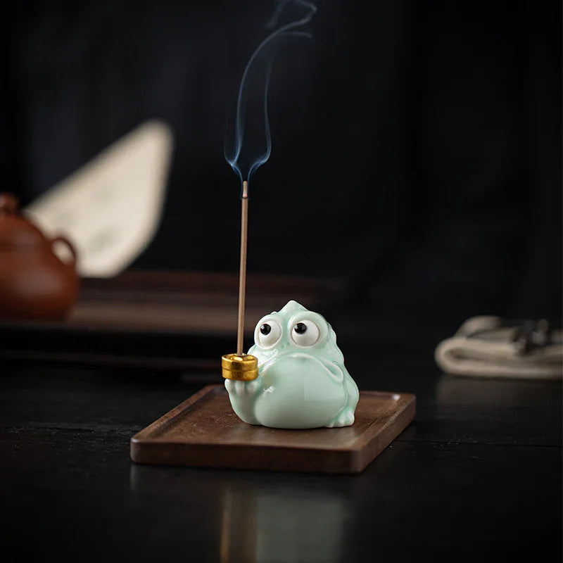 Fortune Golden Toad Ceramic Incense Holder — Coin / Pipe • With Wood Base - Y.S Alley