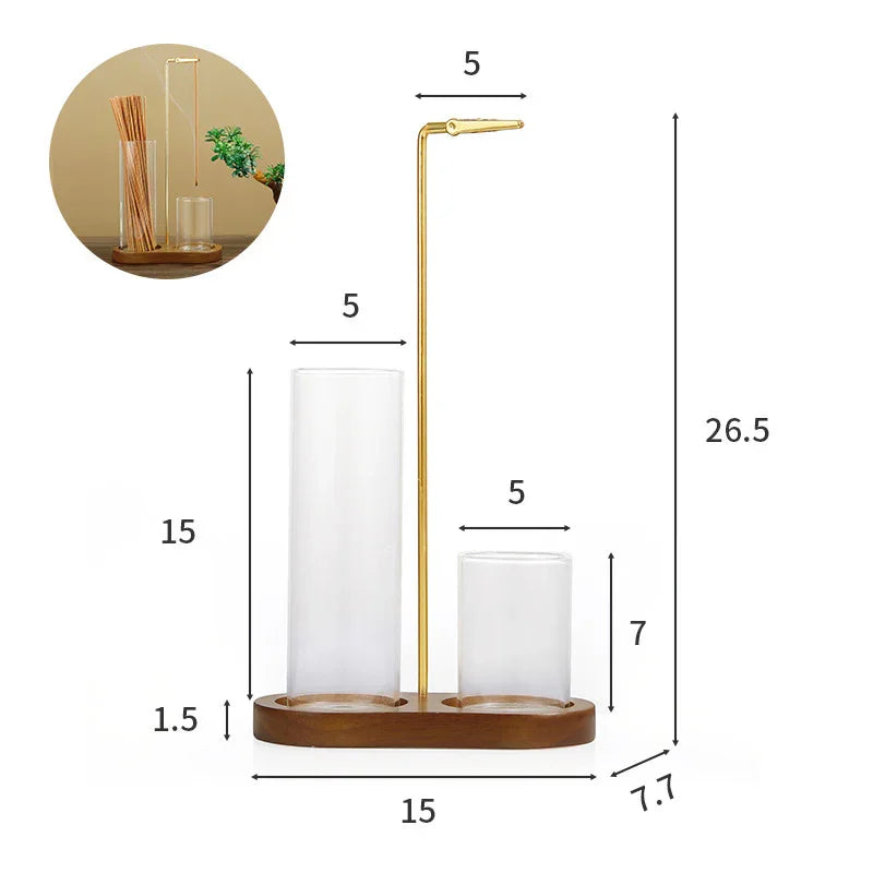 Infinity Wood-Glass Incense Station — Vertical Brass Holder with Storage Tube (15 cm) - Y.S Alley