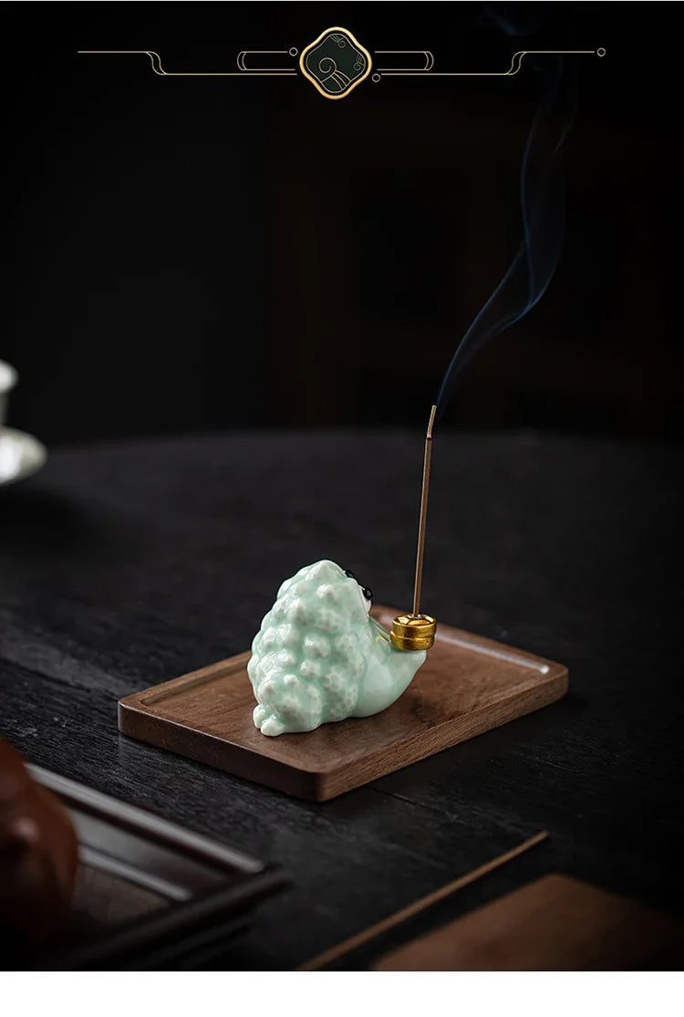Fortune Golden Toad Ceramic Incense Holder | Coin or Pipe | With Wood Base