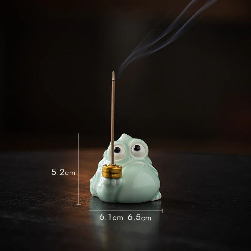Fortune Golden Toad Ceramic Incense Holder — Coin / Pipe • With Wood Base - Y.S Alley