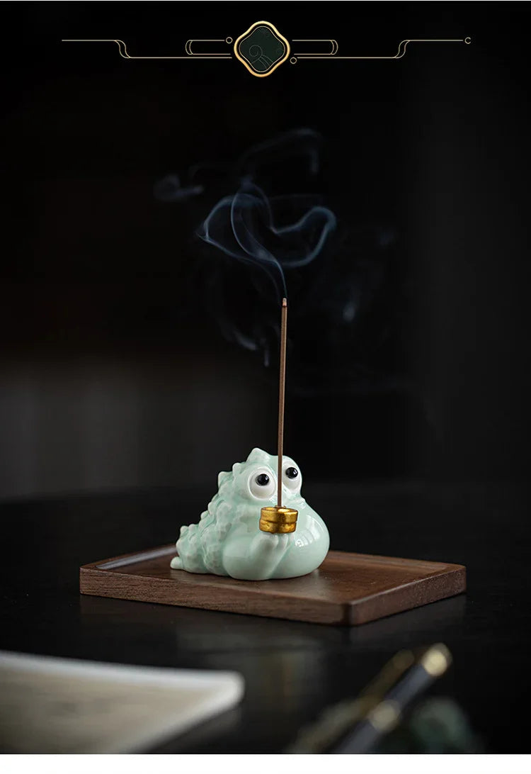 Fortune Golden Toad Ceramic Incense Holder | Coin or Pipe | With Wood Base