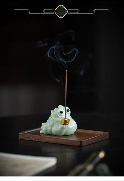 Fortune Golden Toad Ceramic Incense Holder | Coin or Pipe | With Wood Base