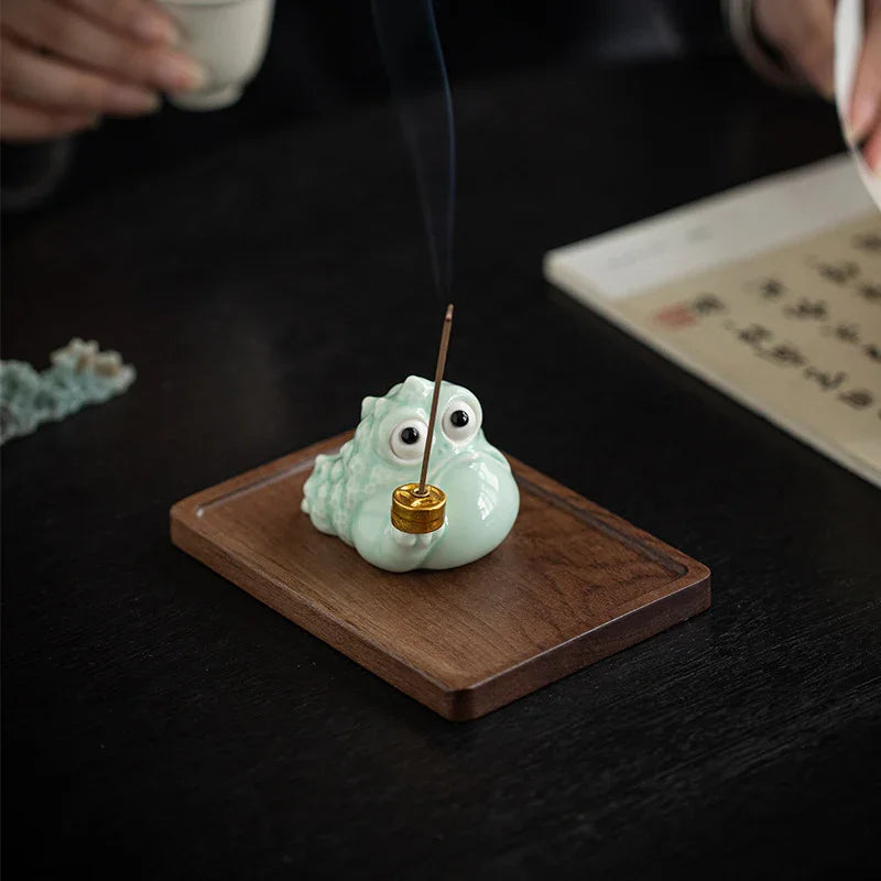 Fortune Golden Toad Ceramic Incense Holder — Coin / Pipe • With Wood Base - Y.S Alley