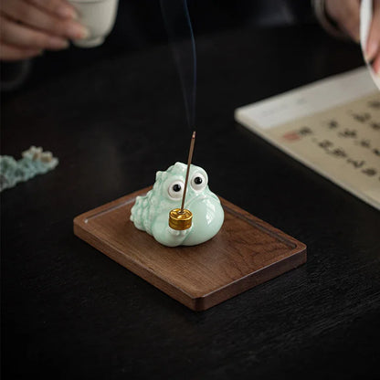 Fortune Golden Toad Ceramic Incense Holder — Coin / Pipe • With Wood Base - Y.S Alley