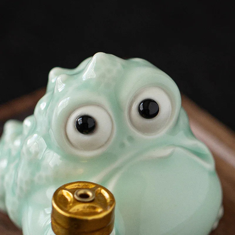 Fortune Golden Toad Ceramic Incense Holder — Coin / Pipe • With Wood Base - Y.S Alley