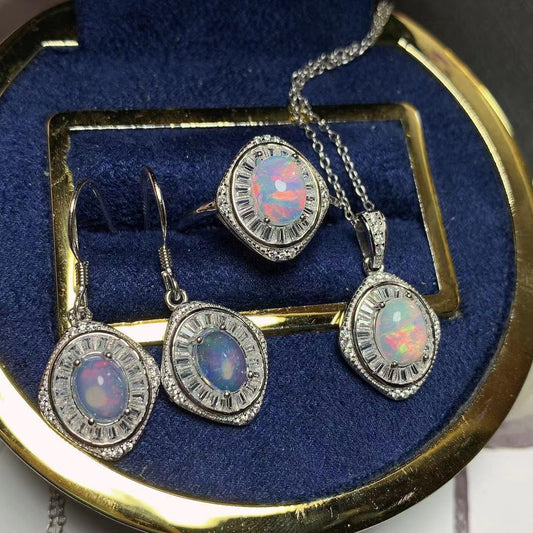 Opal Radiance 3-Piece Jewelry Set - 925 Sterling Silver Necklace, Earrings & Ring - Y.S Alley