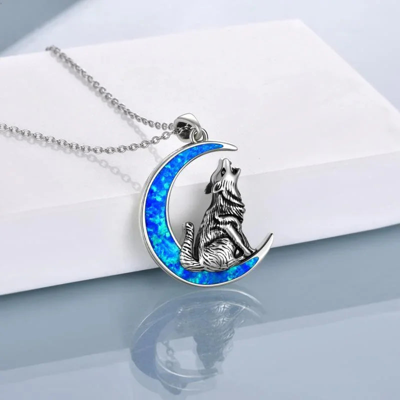 925 Blue Opal Wolf & Crescent Moon Necklace - Sterling Silver - Y.S Alley