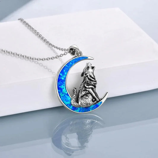 925 Blue Opal Wolf & Crescent Moon Necklace - Sterling Silver - Y.S Alley