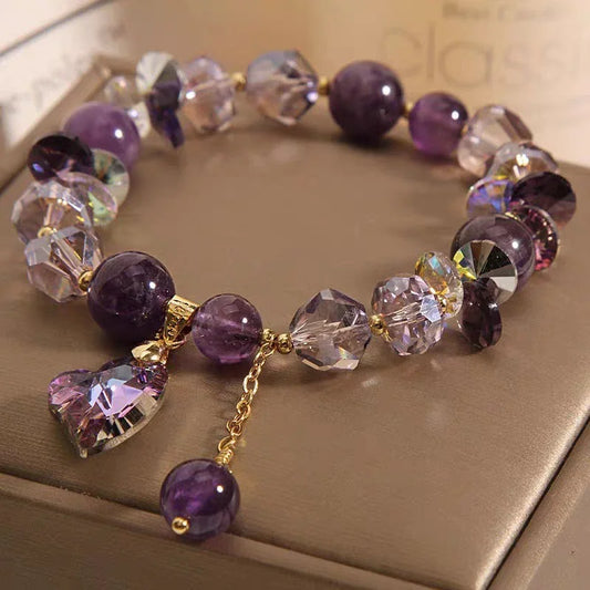 Amethyst Crystal Heart Charm Bracelet - Adjustable Purple Beads - Y.S Alley