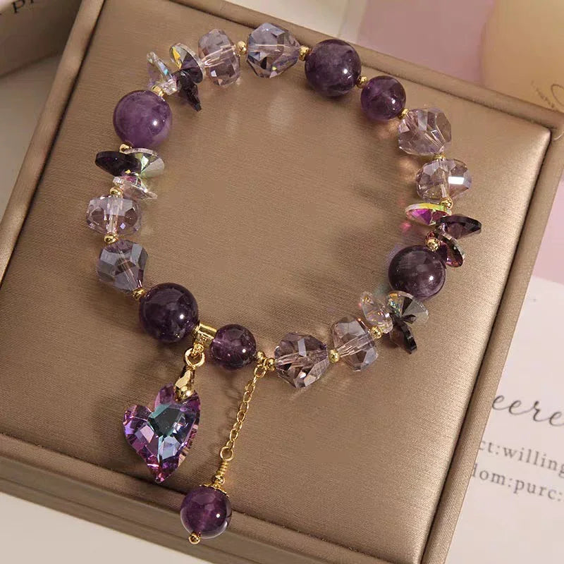 Amethyst Crystal Heart Charm Bracelet - Adjustable Purple Beads - Y.S Alley