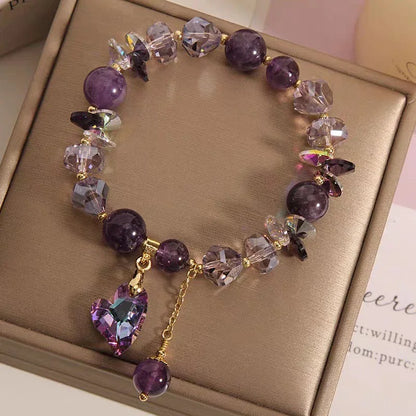 Amethyst Crystal Heart Charm Bracelet - Adjustable Purple Beads - Y.S Alley
