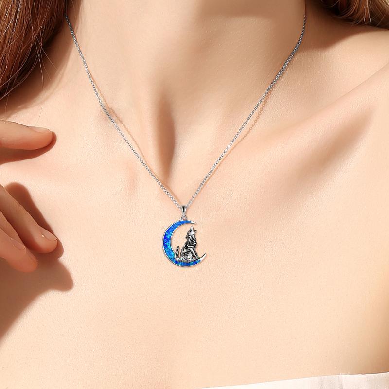 925 Blue Opal Wolf & Crescent Moon Necklace - Sterling Silver - Y.S Alley