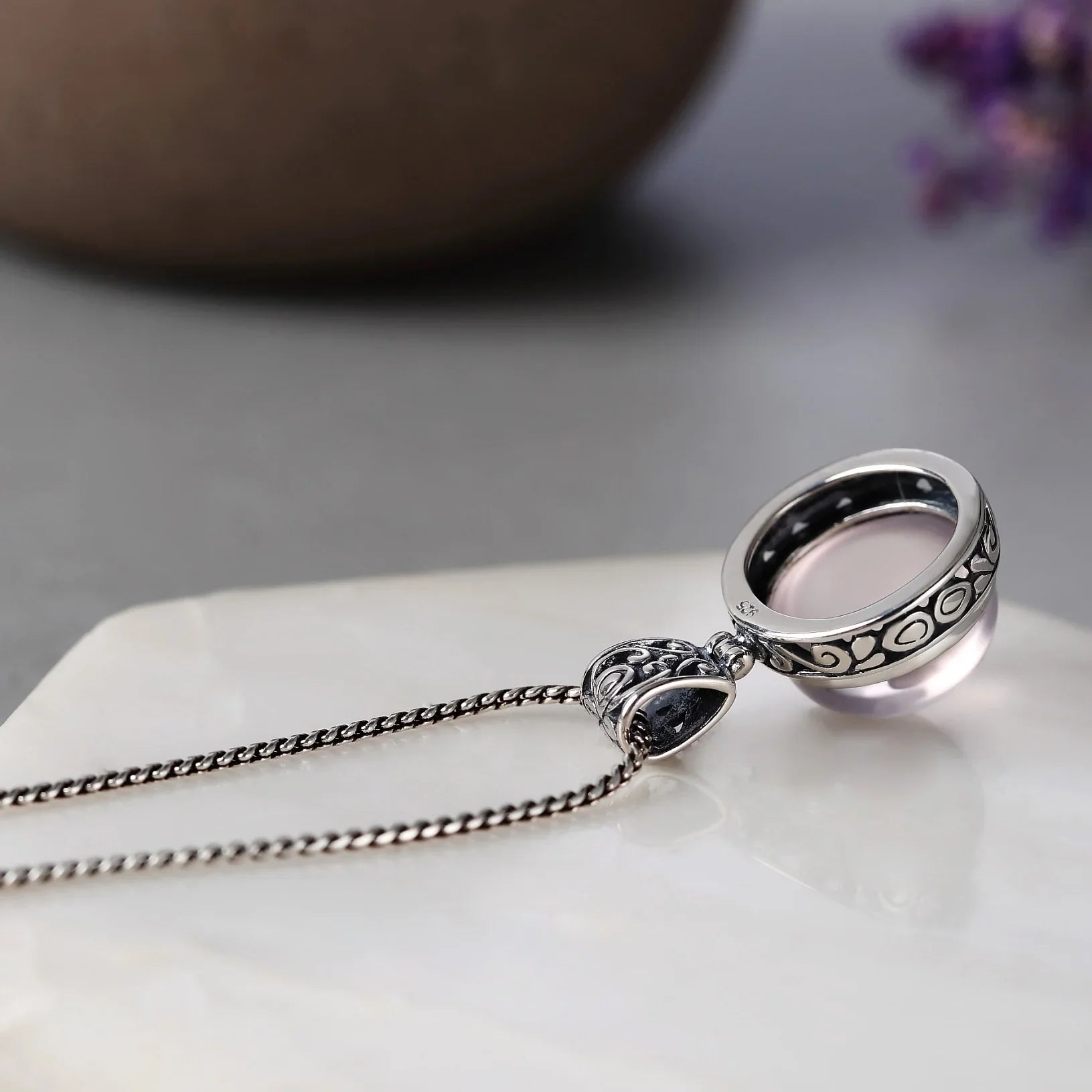 925 Rose Quartz Round Pendant - Sterling Silver - Y.S Alley