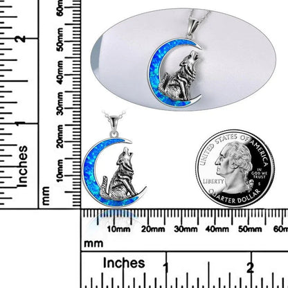 925 Blue Opal Wolf & Crescent Moon Necklace - Sterling Silver - Y.S Alley